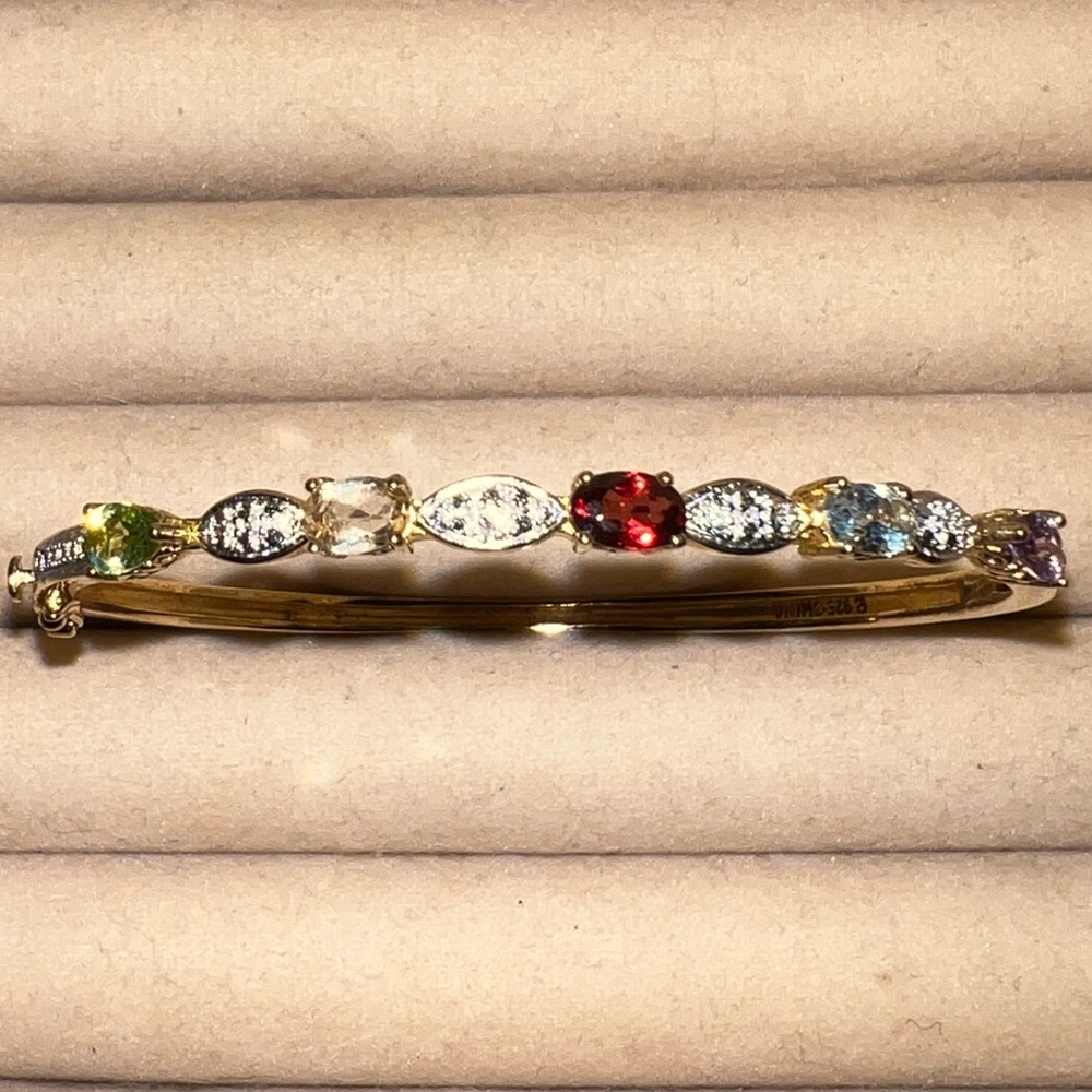 Gold Tone Multi Gem Amethyst Garnet Citrine Peridot Aquamarine Bangle Bracelet - Picture 3 of 14